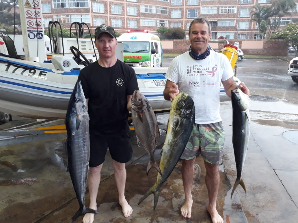 Master Richardt Botes and Andrew with a lovely mixed bag of gamefish Wahoo Amber Dorado and Tail boat dive South